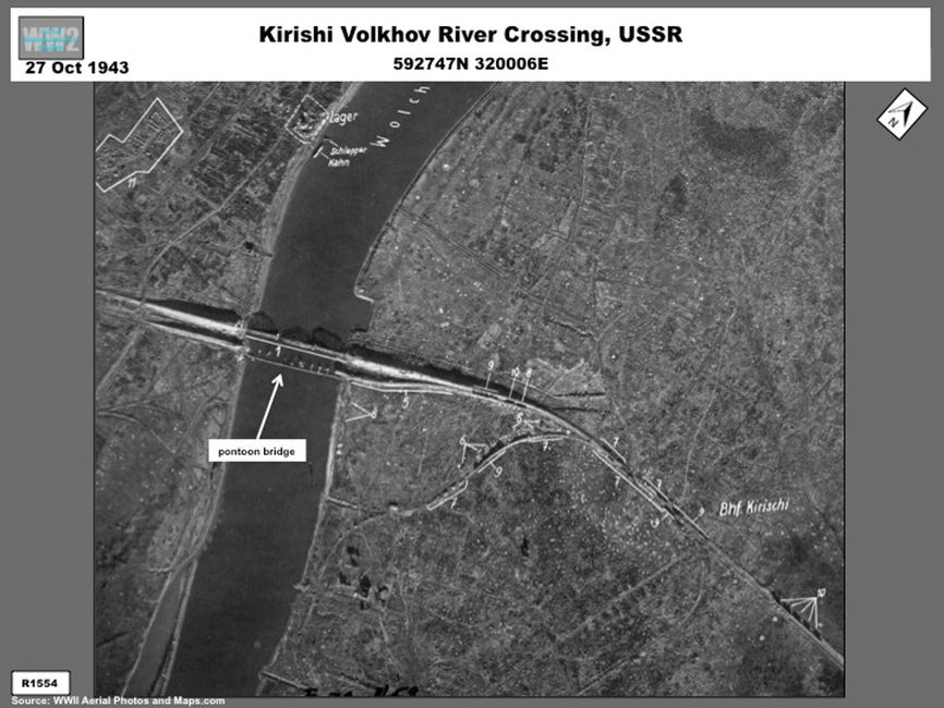 Aerial photo of  new Soviet bridge across the Volkhov river  during Operation Iskra