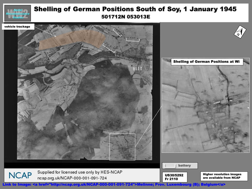aerial photo showing  Shelling of German Positions South of Soy, 1 January 1945