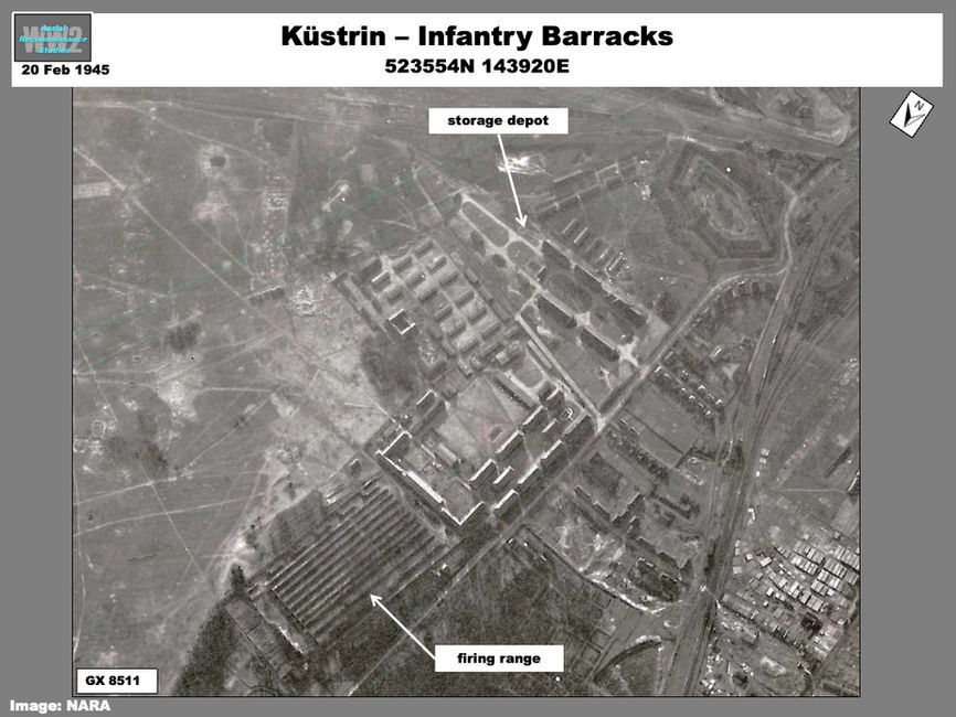 Aerial photo of the Küstrin  defenses around the army barracks on 20 February 1945