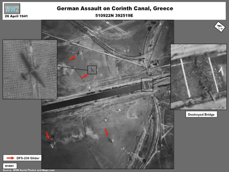 aerial photo of DFS-230 gliders following German Airborne Assault on Corinth Canal, April 1941