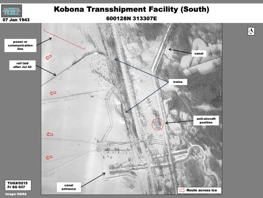 Aerial photo of Trains an Activity at  Kobona Transshipment Facility, January 1943 