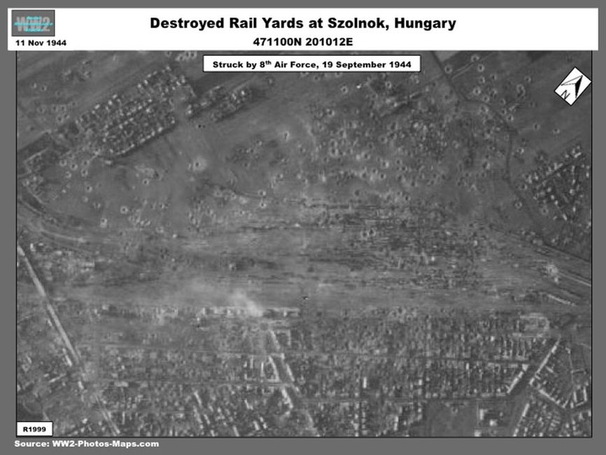 aerial photo of Destroyed Rail Yards at Szolnok, Hungary, November 1944 