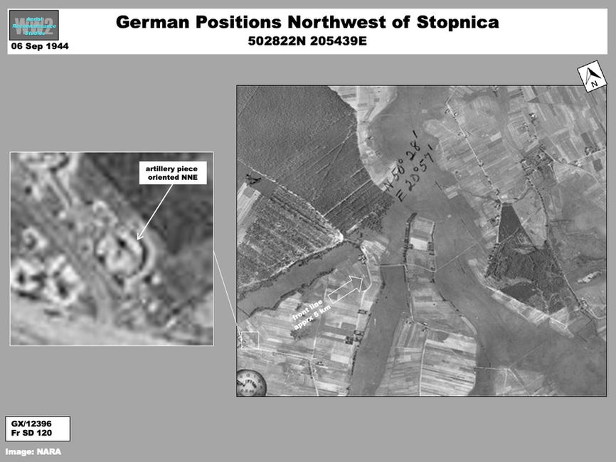 aerial photo of Wehrmacht artillery deployed near Stopnica, in the Baranow - Sandomierz Bridgehead