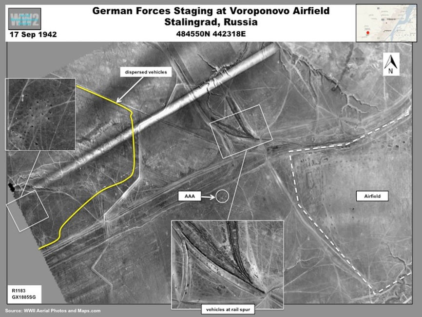 Aerial photo showing elements of German 6th Army at Voroponovo airfield staging for attack on Stalingrad in September 1942