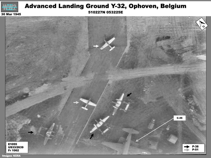 Aerial photo of 405th Fighter Group P-47 Thunderbolts and  P-38 Lightnings of  370th Fighter Group Ophoven  Airfield (Y-32), Belgium 