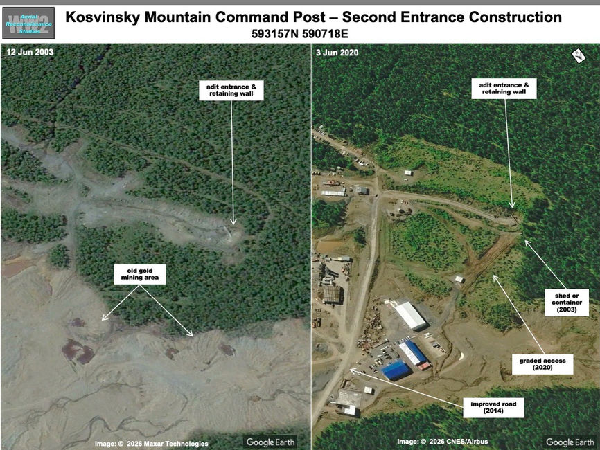 satellite image of The Kosvinsky Mountain Command Post Complex Second Underground Entrance, 2003 & 2020
