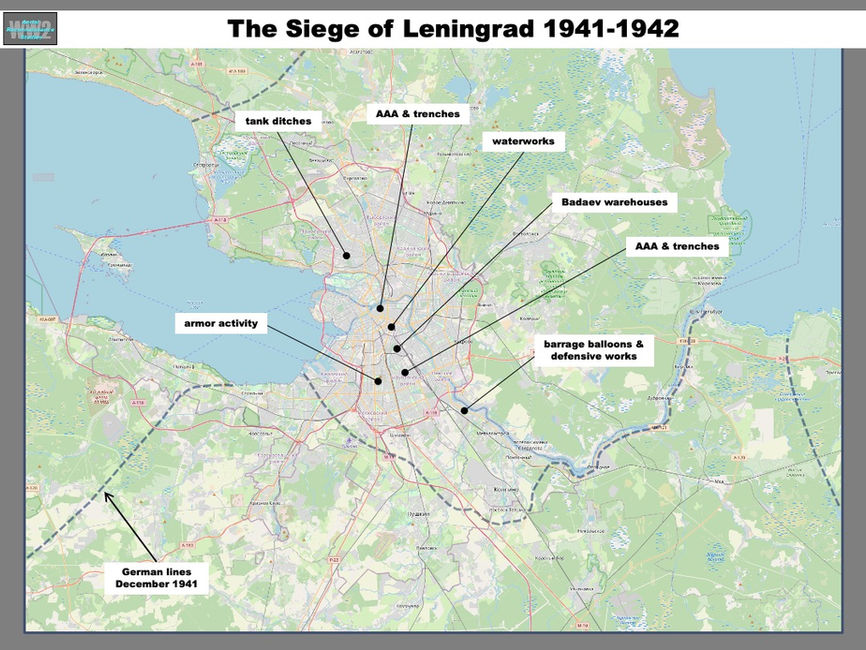 Map of Leningrad Showing Defenses & Activity, 1941 - 1942