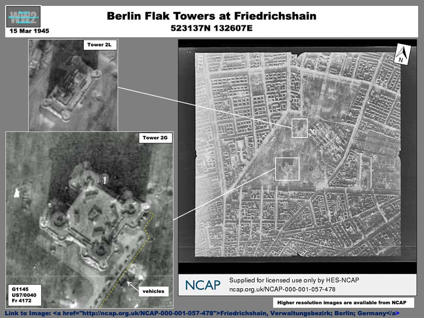 aerial photos of Flak Towers 2G and 2L at Friedrichshain, March 1945