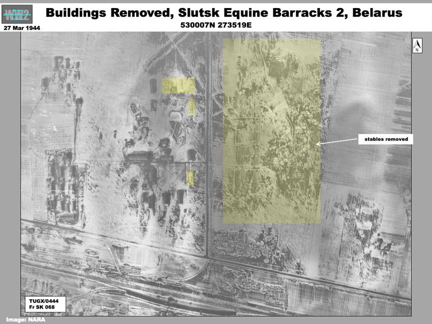 aerial photo of Dismantled Buildings at Wehrmacht Equine Support Barracks 2, at Slutsk, Belarus,  March 1944  