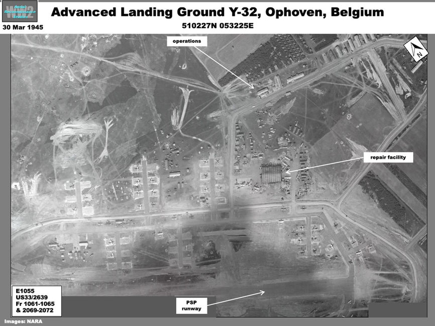 Aerial photo of Ophoven  Airfield (Y-32) showing parking area of the USAAF 405th Fighter Group P-47 Thunderbolts