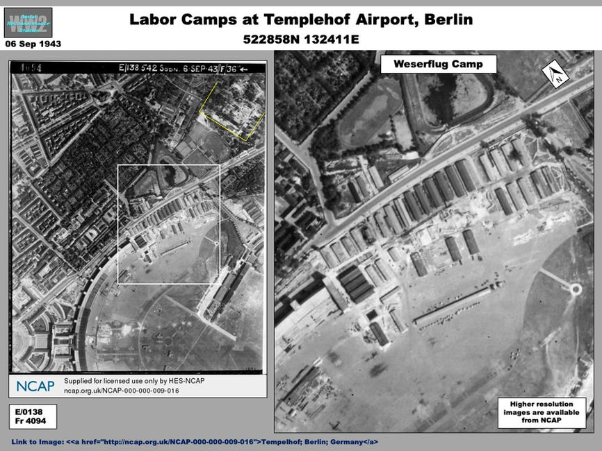 aerial photo of The Weserflug Forced Labor Camps at Berlin Templehof Airport