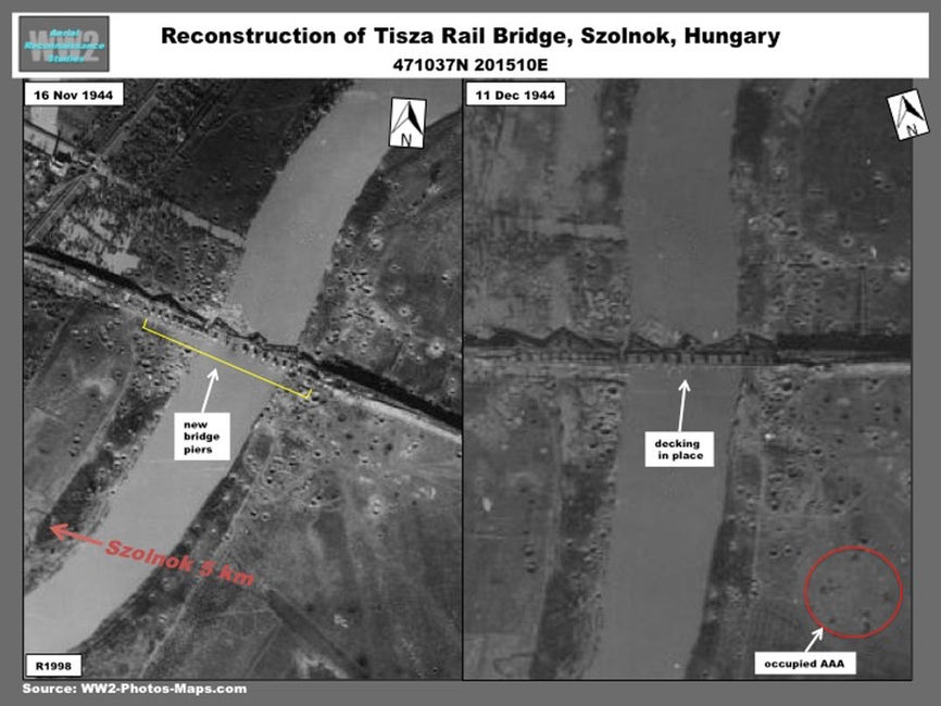 aerial photo of Rail Bridge Repair at Szolnok, Hungary, November-December 1944