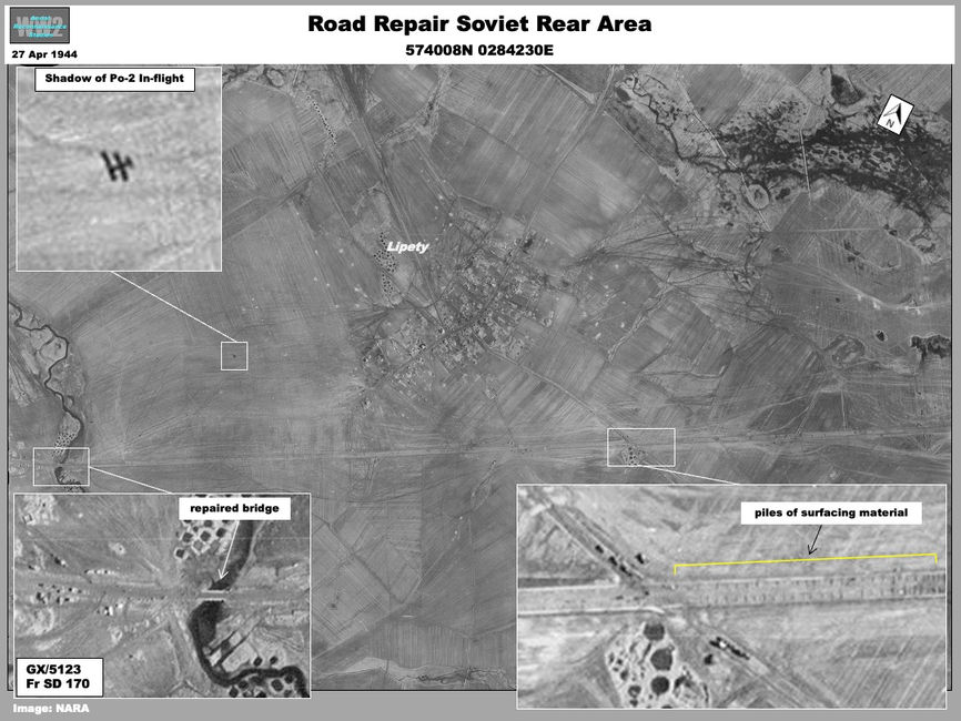 Aerial photo of Soviet road repair along the Panther Line at Ramen'e and Lipety