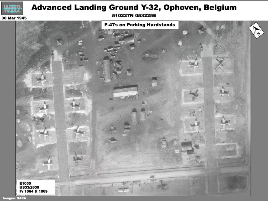 Aerial photo of 405th Fighter Group P-47 Thunderbolts at Ophoven  Airfield (Y-32)  
