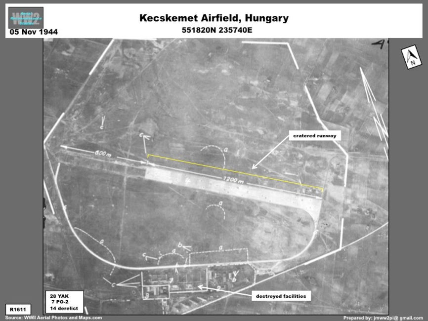 aerial photo of Soviet aircraft at Kecskemet Airfield, Hungary in November 1944