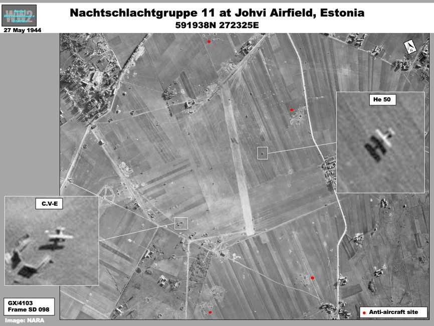 aerial photo of Luftwaffe Nachtschlachtgruppe 11 with He 50 and C.V-E biplanes at Johvi-Ahtme, Estonia, 27 May 1944