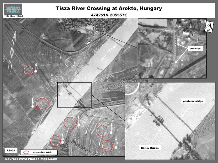 aerial photo of Soviet Tisza River Crossing at Arokto, Hungary, November 1944