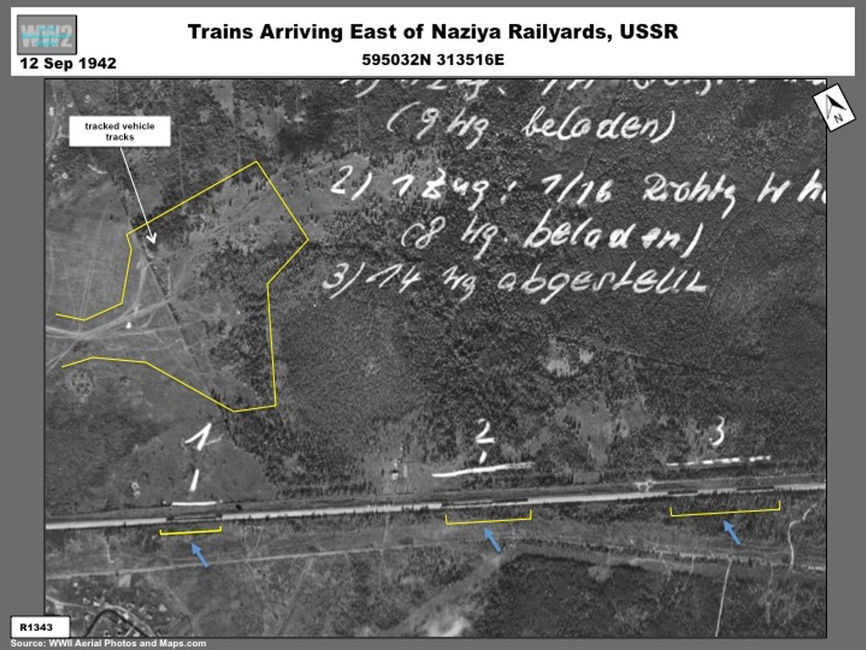 Aerial photo of Soviet military trains at Naziya during Operation Iskra