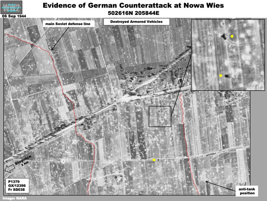 aerial photo of destroyed German armor at  Nowa Wies in the  Baranow - Sandomierz Bridgehead