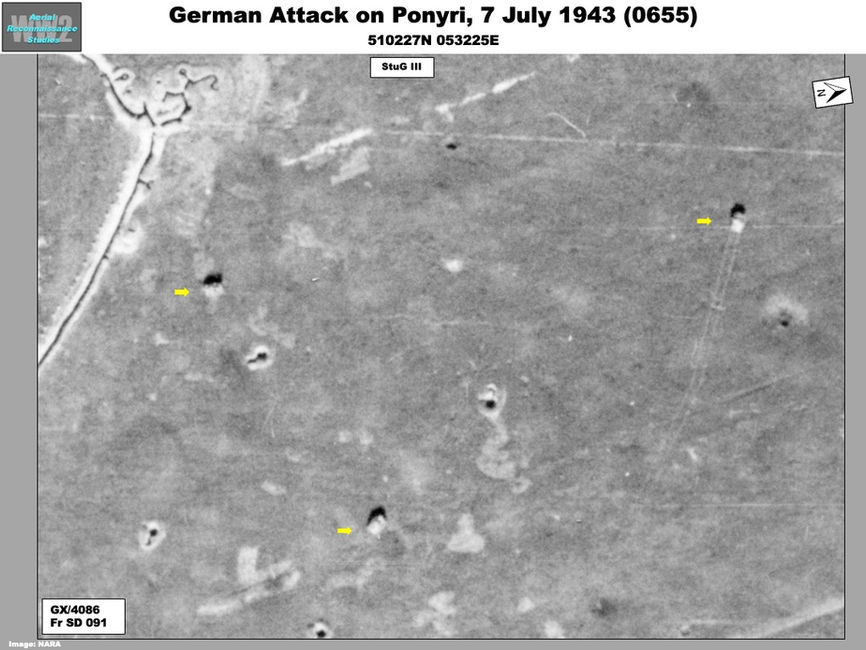 Aerial photo German Armor Attacking Ponyri, 7 July 1943 (0655)
  during battle of Kursk