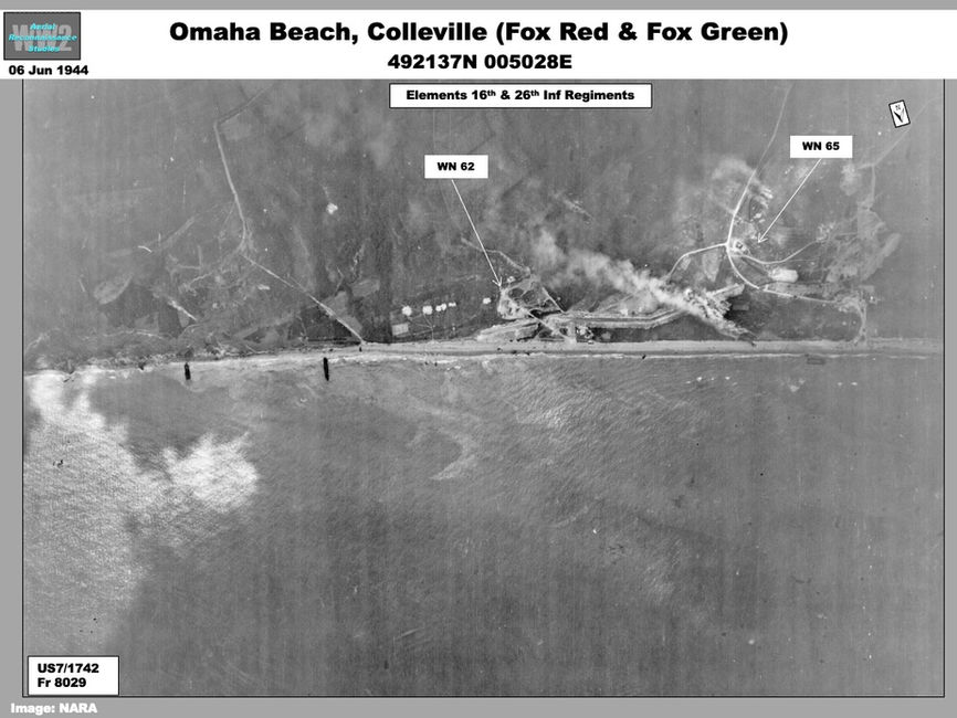 aerial photo of Omaha Beach:  Landings at Fox Red & Fox Green Beaches