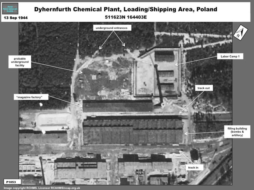 Aerial photo showing the Dyhernfurth Chemical Weapons Pthe weapons loading and shipping 'factory' where bombs and artillery shells were filled with chemicals 