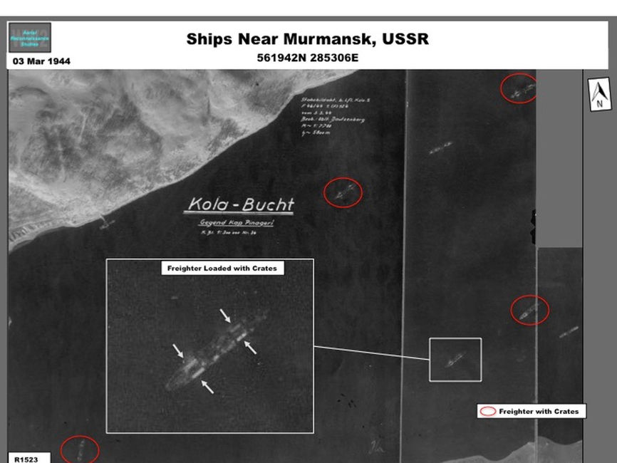 Aerial photo of lend-lease Ships Near Murmansk, February 1944