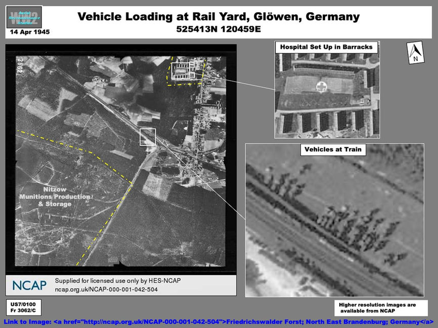 aerial photo of vehicles at Glöwen rail yard on 15 April 1945