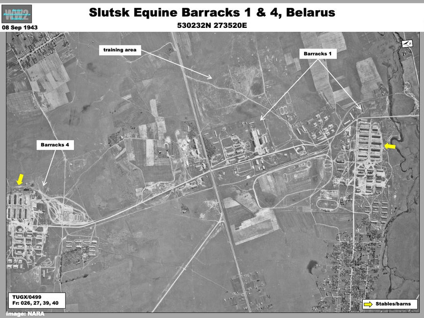 aerial photo of Wehrmacht Equine Support Barracks 1 and 4 at Slutsk, Belarus