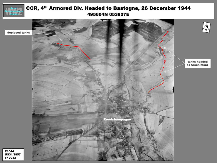 aerial photo of CCR, 4th Armored Div. Headed to Bastogne, 26 December 1944
