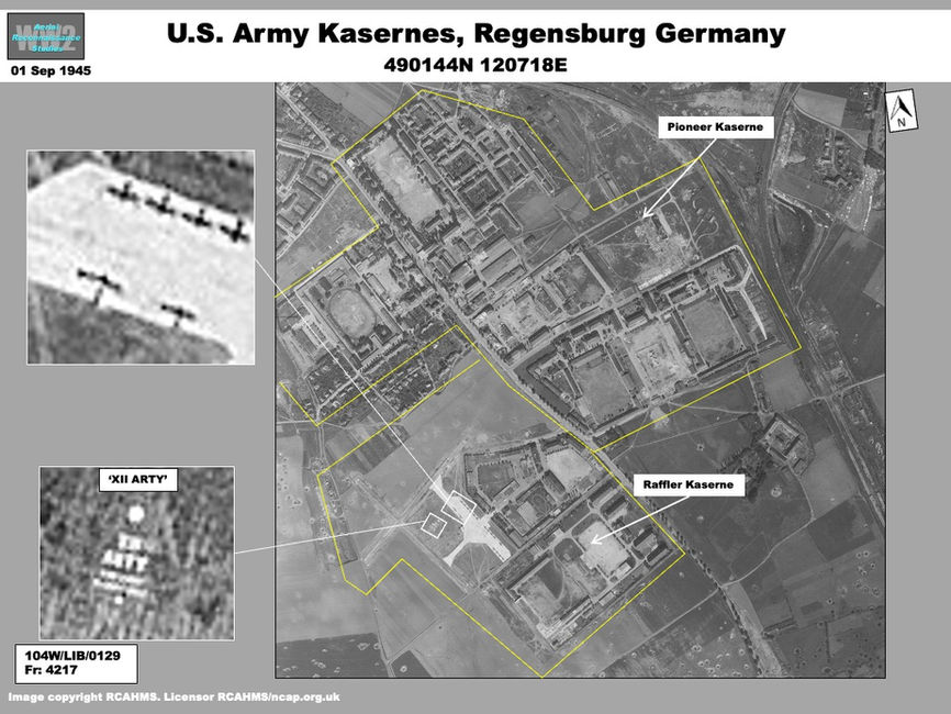 aerial photo of U.S Army Raffler and Pioneer Kasernes at Regensburg, Germany, 1 September 1945