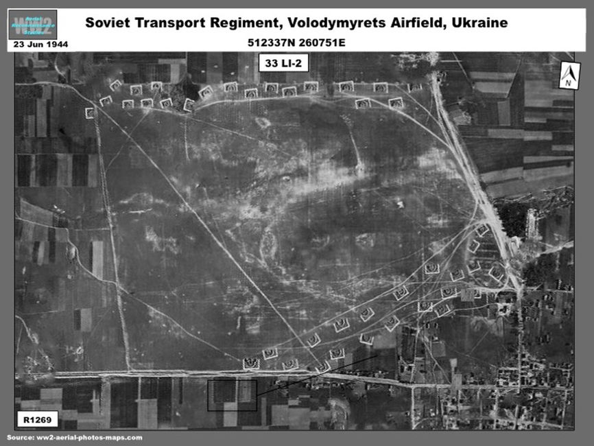 aerial photo of Soviet Li-2 Transport-Equipped Regiment at Volodymyrets, Ukraine, June 1944