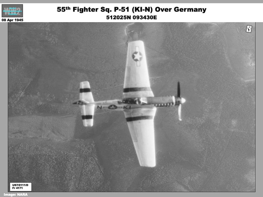 aerial photo of 55th Fighter Squadron P-51 Mustang over Germany, 8 April 1945