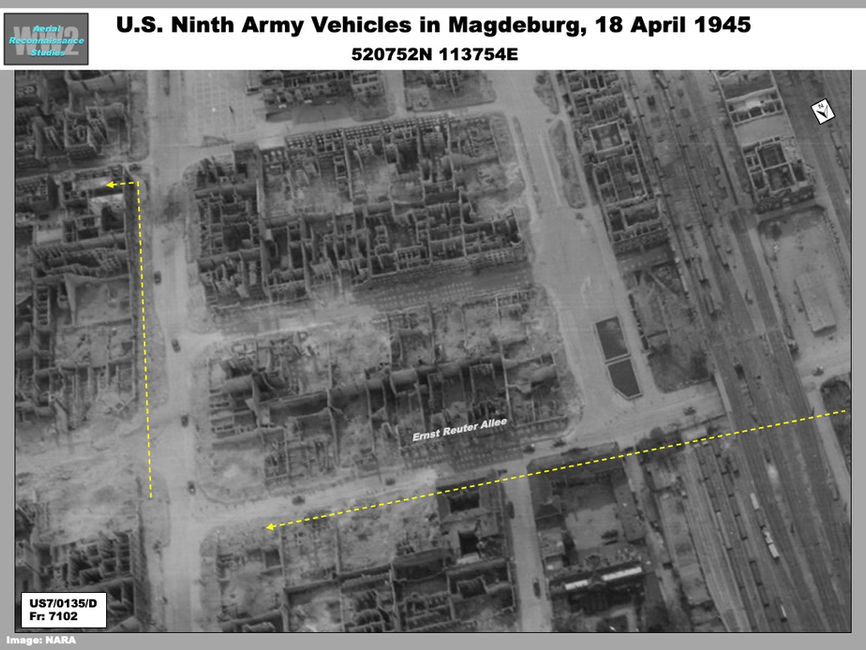 aerial photo of Elements of the U.S. Ninth Army Entering Magdeburg on 18 April 1945
