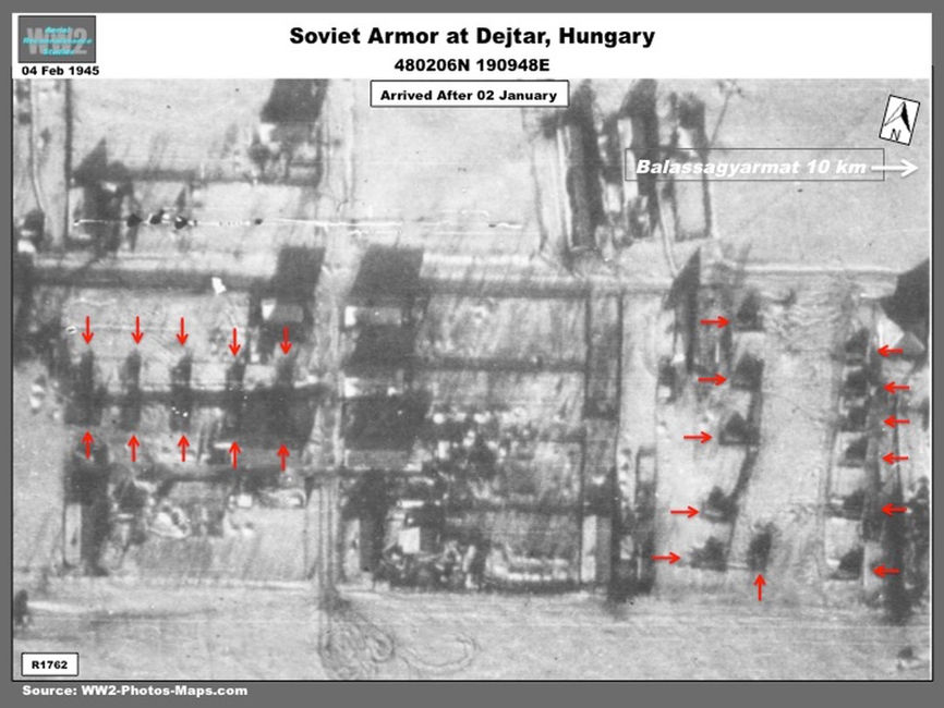 aerial photo of Soviet Armor Near Balassagyarmat, Hungary, February 1945
