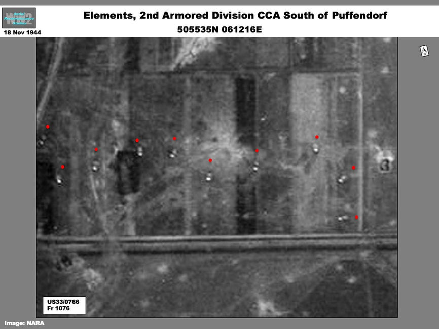 aerial photo of U.S. Army Roer River Offensive: 2nd Armor Division Tanks  South of Puffendorf
