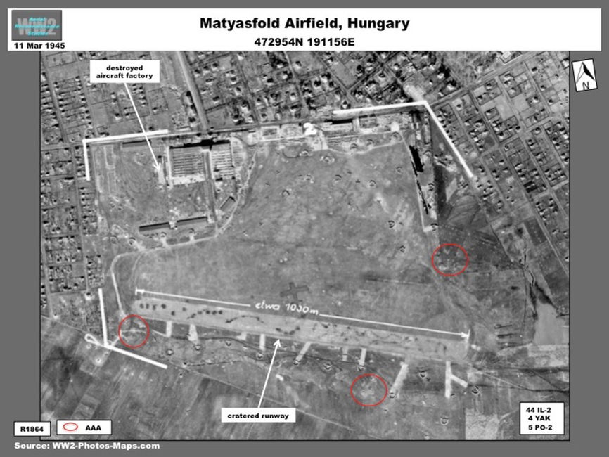 aerial photo of Soviet aircraft at Budapest Maytasfold Airfield, Hungary, March 1945