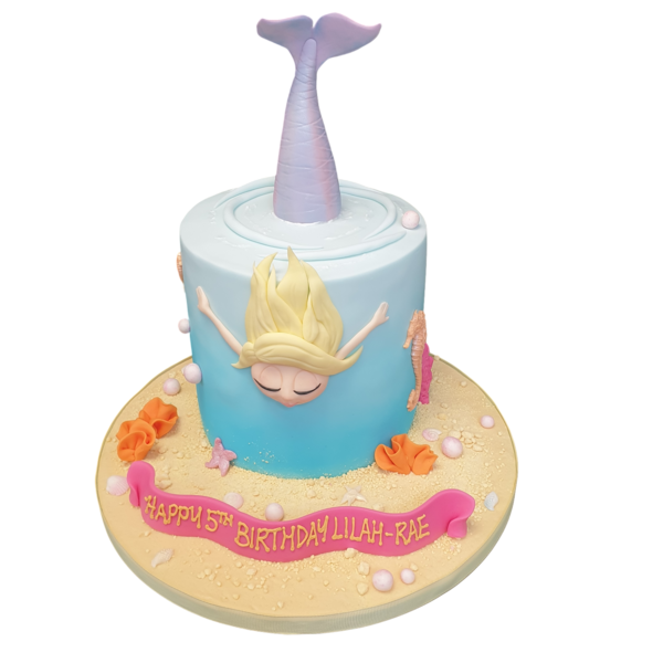 A beautifully decorated mermaid-themed cake with intricate designs and vibrant colors, perfect for a magical celebration.