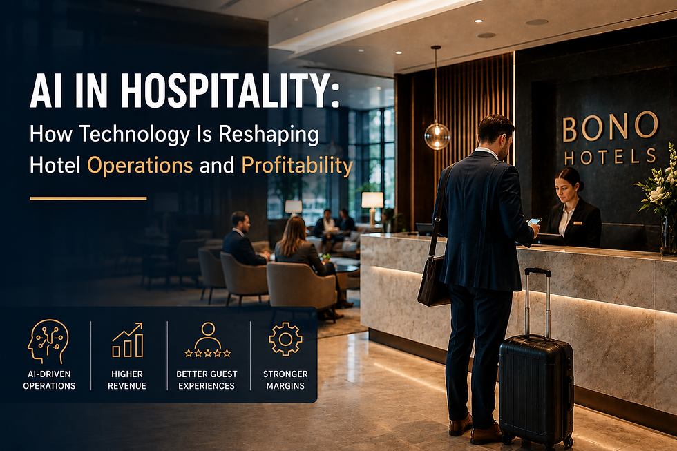 AI in Hospitality: How Technology Is Reshaping Hotel Operations and Profitability — modern hotel lobby with luxury reception desk, guest check-in experience, and Bono Hotels branding illustrating AI-driven hospitality operations, hotel technology, automation, and operational efficiency.