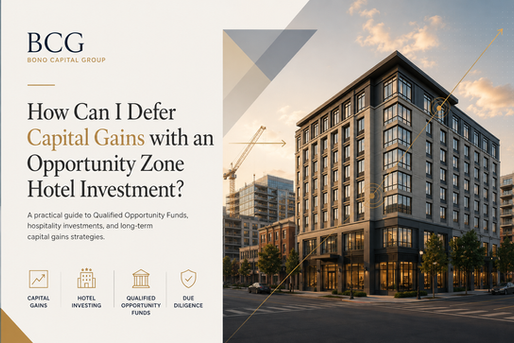 Opportunity Zone hotel investment illustration showing a modern boutique hotel in a revitalizing urban district with editorial graphics representing capital gains deferral, Qualified Opportunity Funds, and long-term real estate investment strategies.