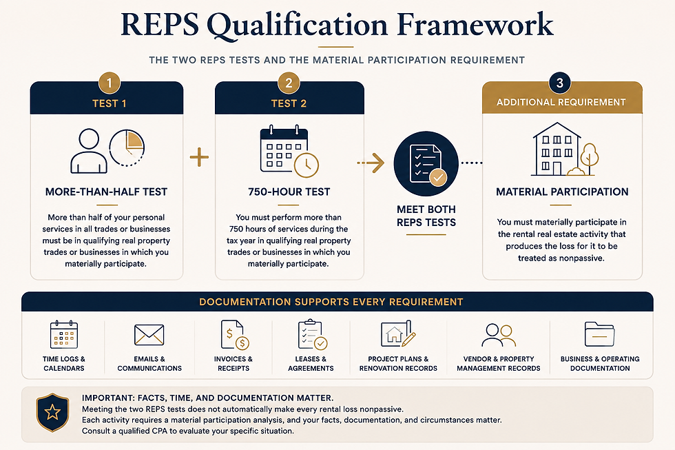 Editorial infographic illustrating the Real Estate Professional Status (REPS) qualification framework, showing the two REPS tests—the More-Than-Half Test and the 750-Hour Test—along with the separate material participation requirement and the role of documentation.
