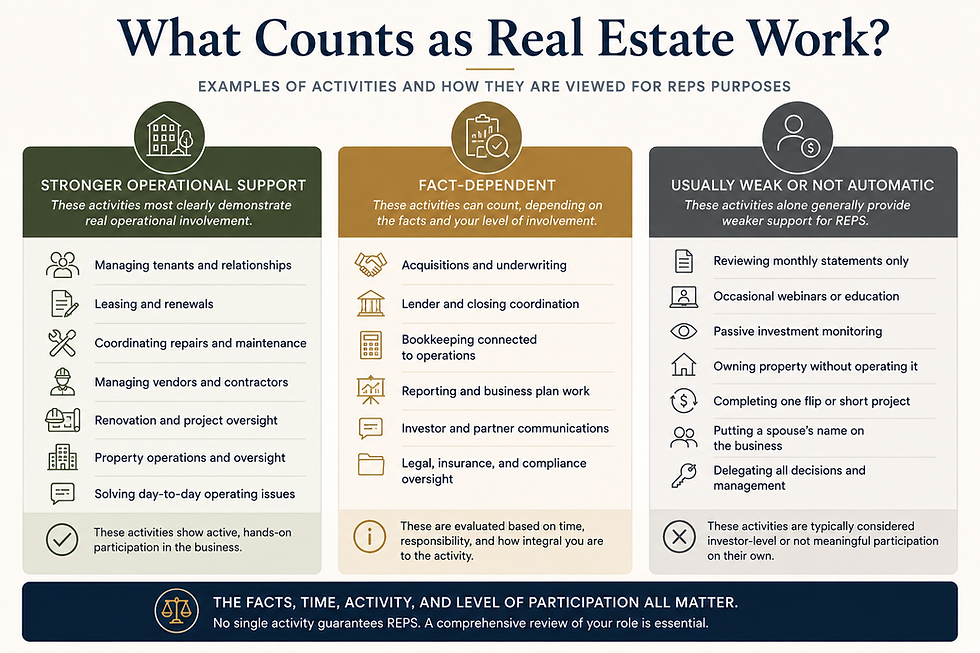 Editorial infographic explaining what activities may count toward Real Estate Professional Status (REPS), comparing stronger operational responsibilities, fact-dependent activities, and activities that generally provide weaker support for qualification.