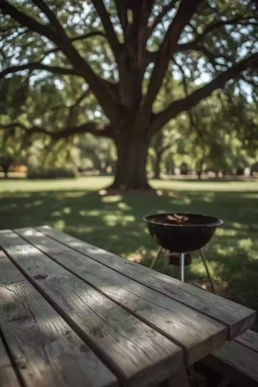 A Photo of a BBQ Pit In-front of a Picnic bench at oyster creek park.