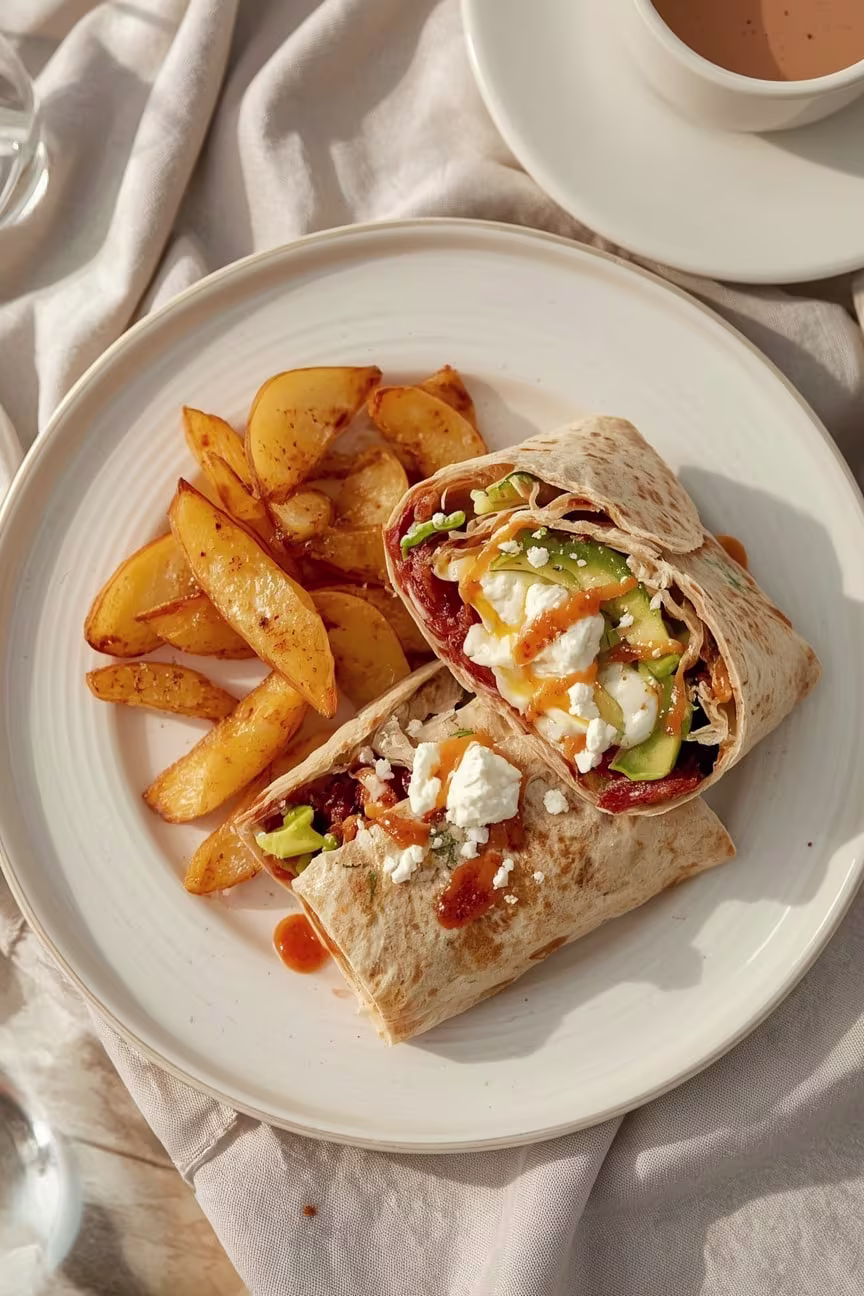 A Photo of the BL Burrito & potato wedges on the side. 