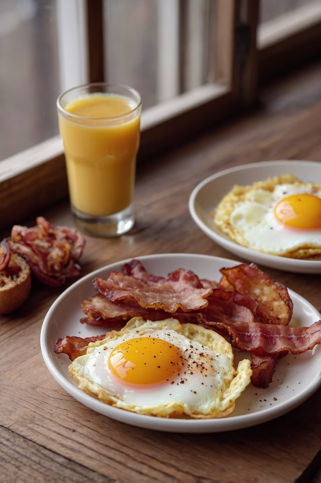 A Photo Of a Inside Breakfast at tree House Cafe in Magnolia TX, Featuring an Egg, bacon & Fresh Orange Juice 