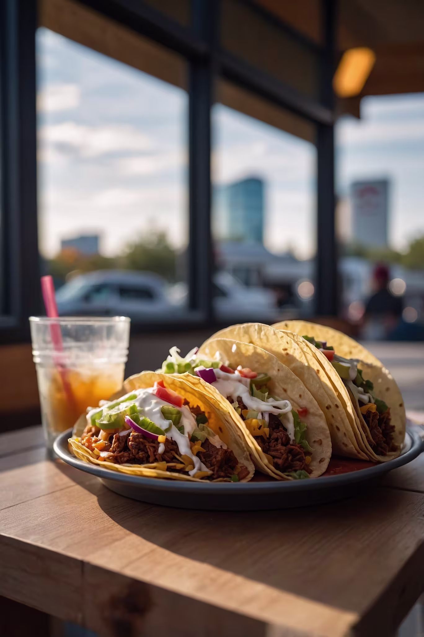 A Photo of 3 Tacos and a drink after visiting The Commons. 