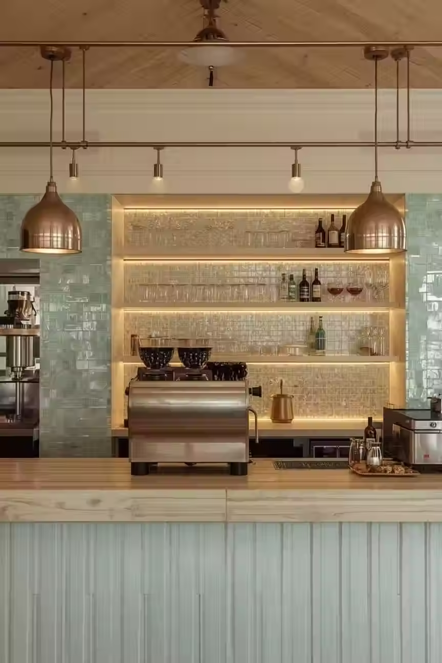 A Photo inside of Bluestone Lane Rice Village. Showcasing the espresso machine, with Clean Coffee & Smoothie glasses on the back shelves.