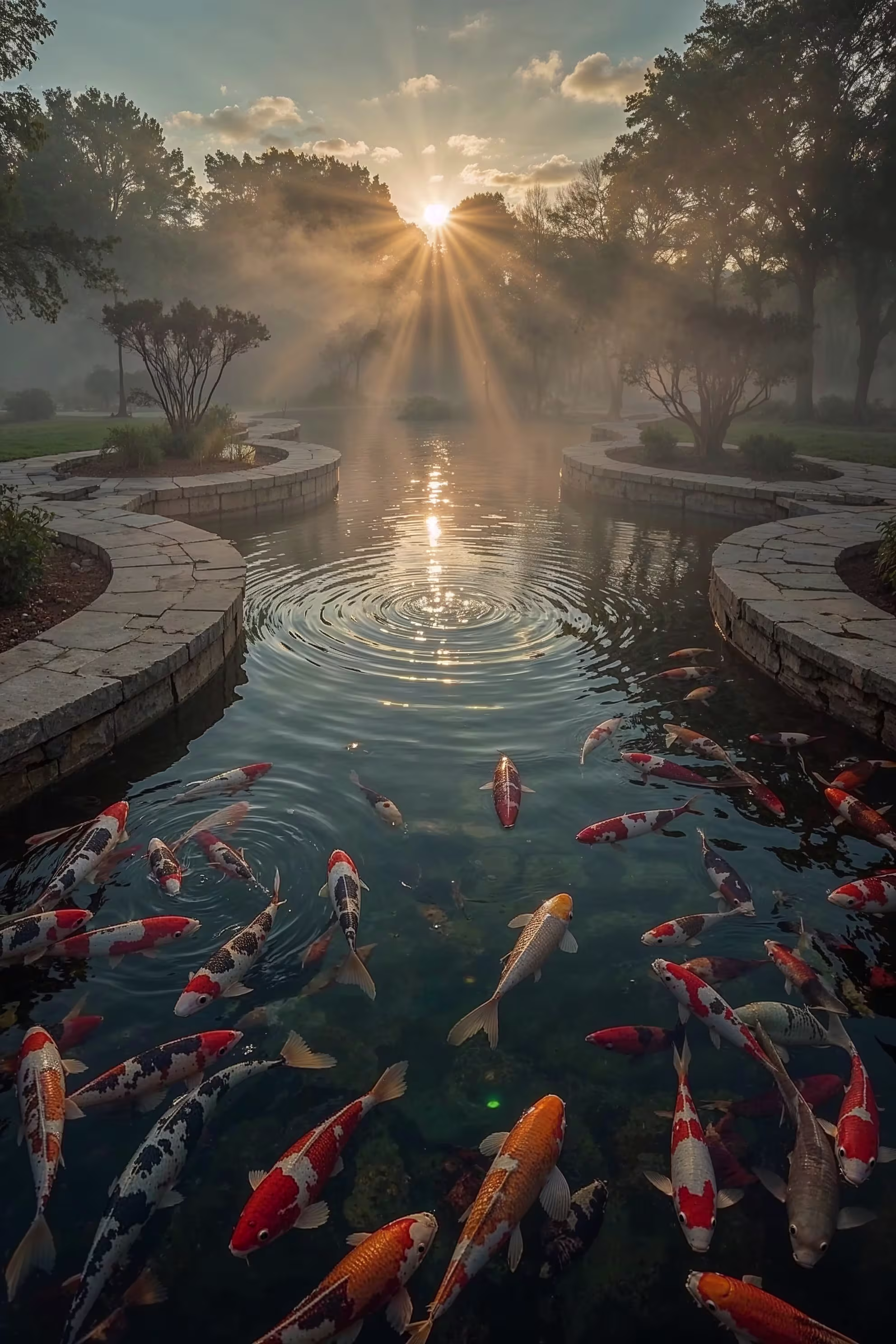 A Photo Taken a Few Steps Back of the Koi Fish swimming in the pond. 