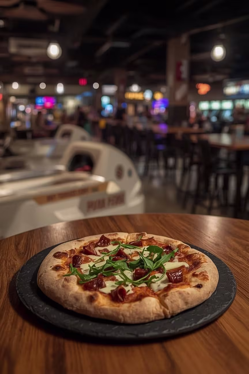 A Photo of the Bluebell flatbread pizza inside Palace Social. 