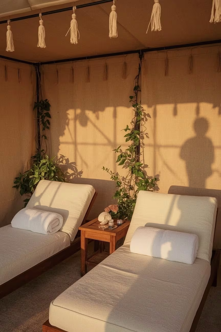 A photo of the private cabana area featuring 2 lounge chairs & prepared towels at Pirates Bay Waterpark in Baytown TX. 